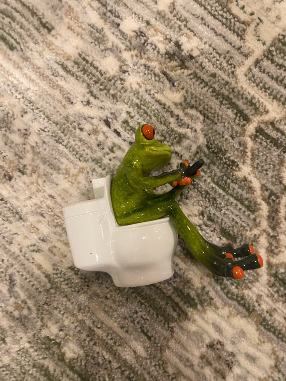 Green Frog Figurine Sitting on Toilet - Ceramic Novelty
